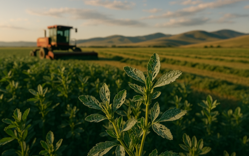 Close-up of Montana alfalfa with weevil-damaged upper leaves, a swather cutting windrows in the background under morning light