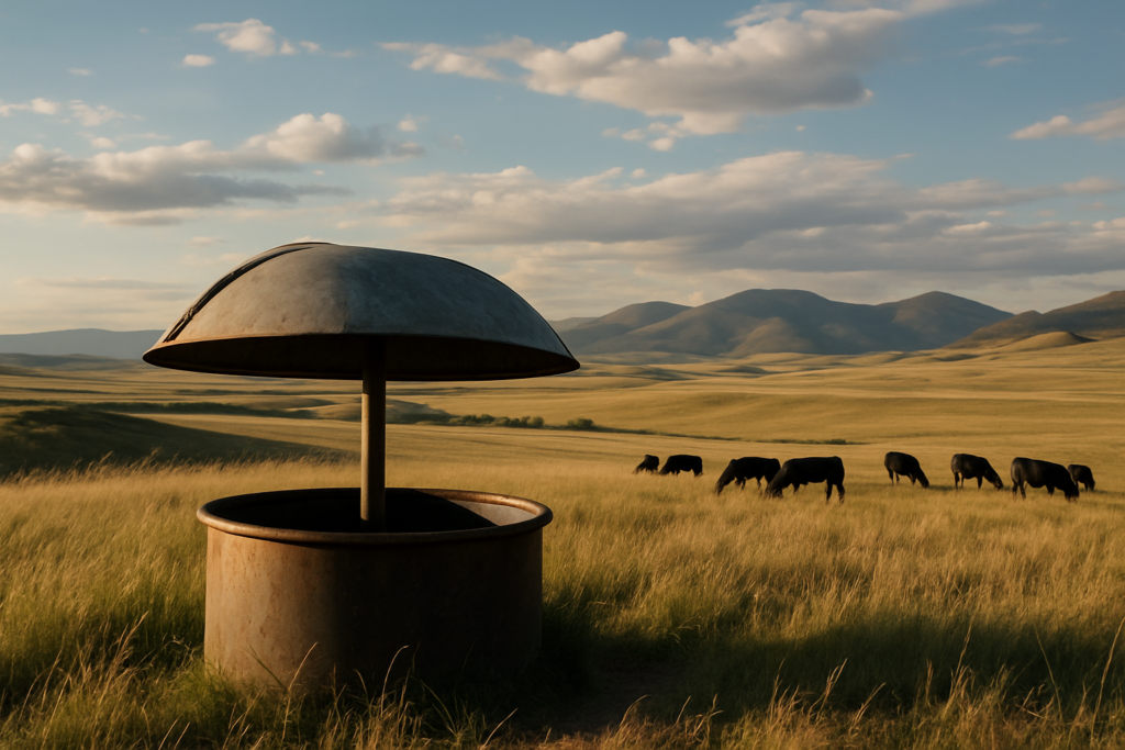 A covered mineral feeder on a Montana grass ridge with black cattle grazing nearby under foothills and open sky