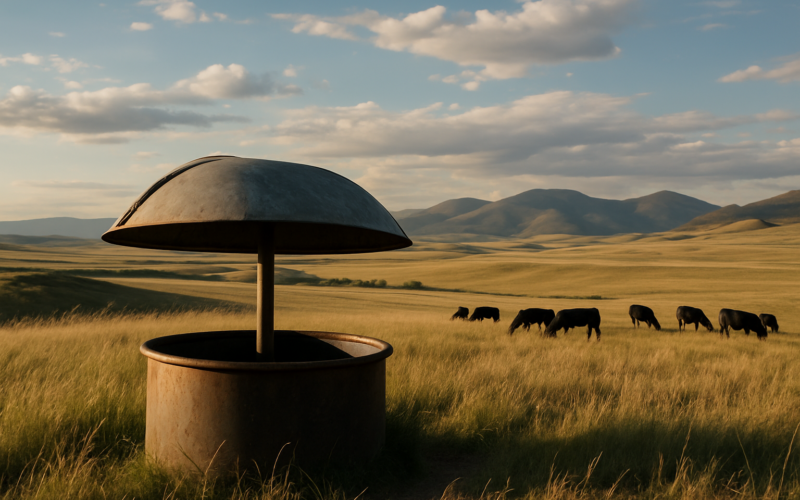 A covered mineral feeder on a Montana grass ridge with black cattle grazing nearby under foothills and open sky