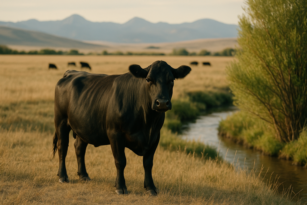 A lone black cow standing apart from the herd at the edge of a Montana summer pasture near willows and foothills