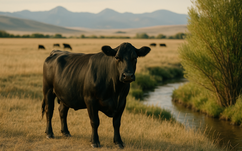 A lone black cow standing apart from the herd at the edge of a Montana summer pasture near willows and foothills