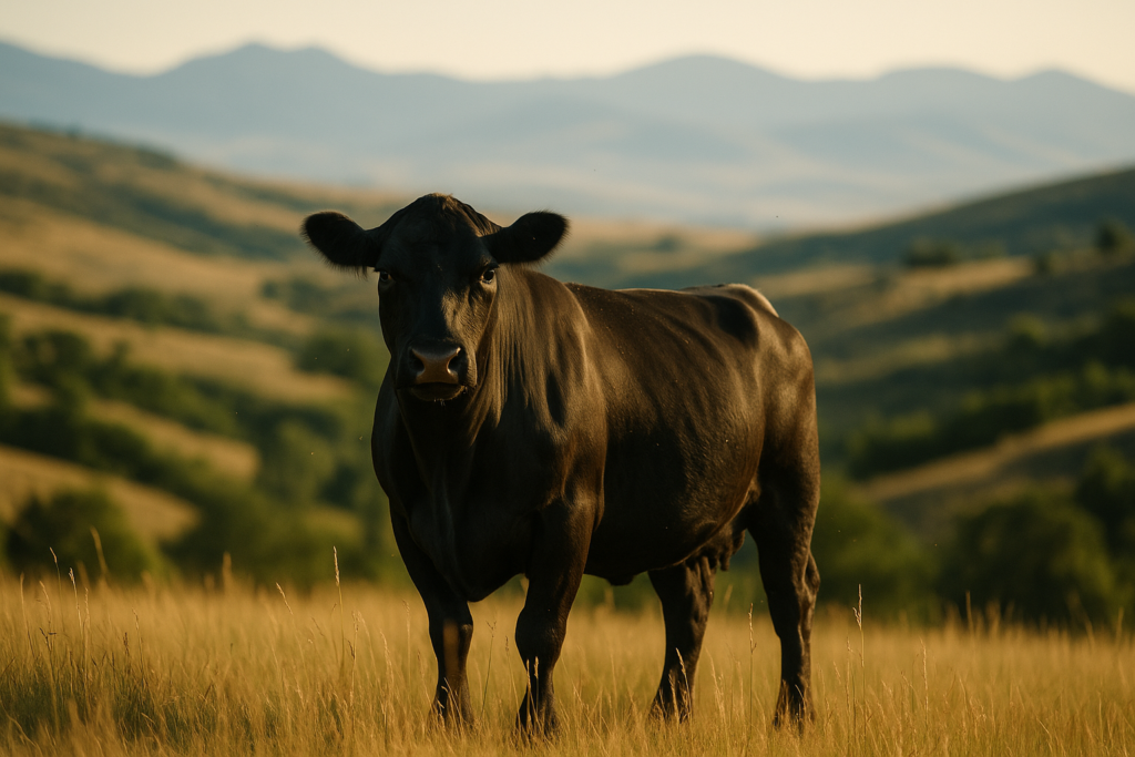A lone black cow standing off from the herd in a Montana foothill summer pasture with mountains in the distance