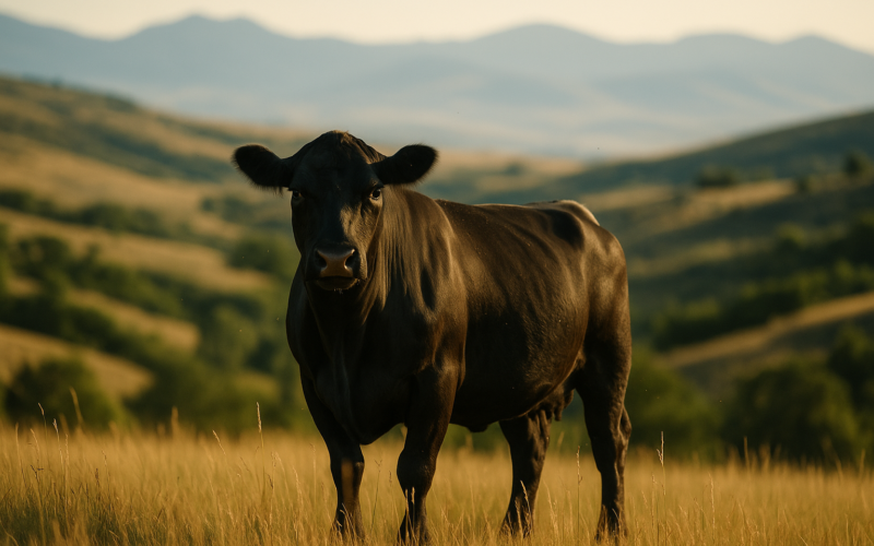 A lone black cow standing off from the herd in a Montana foothill summer pasture with mountains in the distance