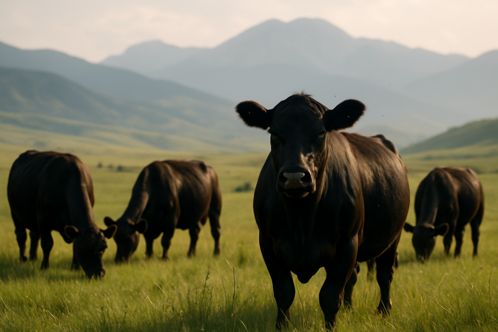 Black cattle grazing on green summer Montana range with foothills and mountains behind them in warm afternoon light