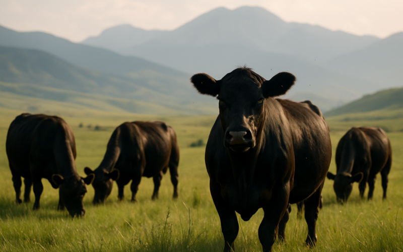 Black cattle grazing on green summer Montana range with foothills and mountains behind them in warm afternoon light
