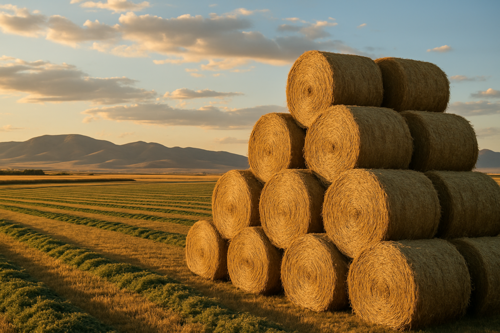 Round hay bales stacked in a Montana field after first cutting with foothills in the background at golden hour