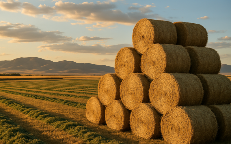 Round hay bales stacked in a Montana field after first cutting with foothills in the background at golden hour
