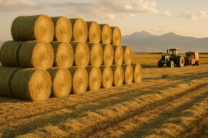 Rows of freshly baled round hay bales stacked in a Montana field at evening with mountains in the background