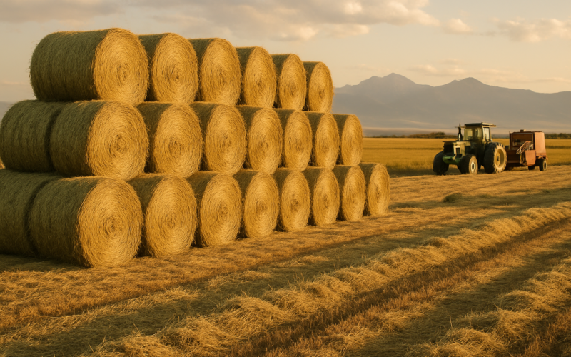 Rows of freshly baled round hay bales stacked in a Montana field at evening with mountains in the background