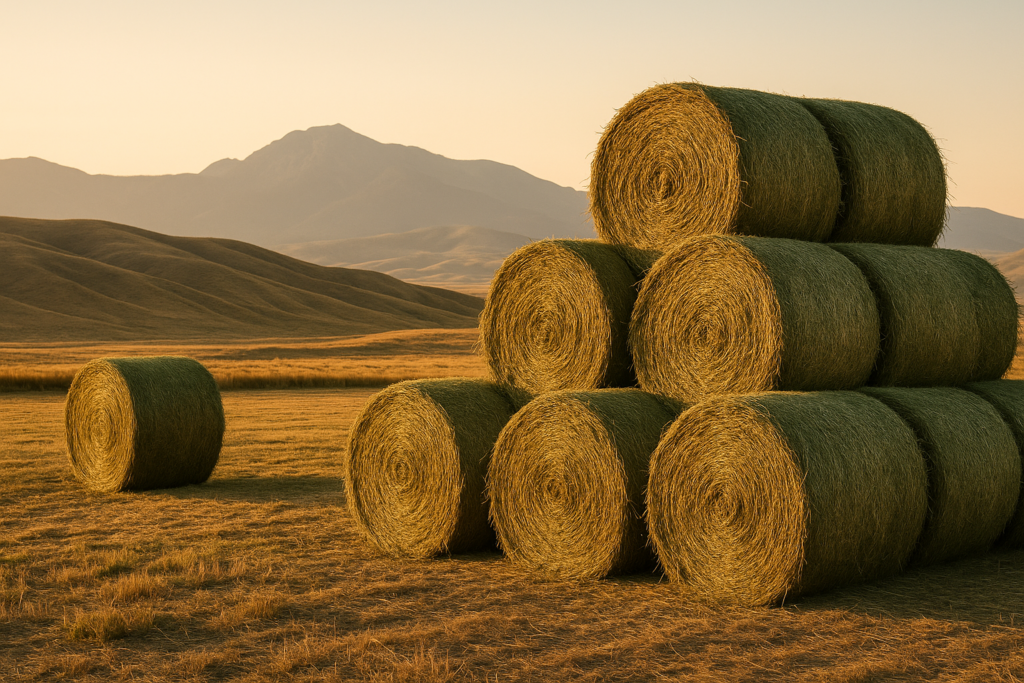 Round bales of first-cutting hay stacked in an open Montana stackyard with foothills behind them in late afternoon light