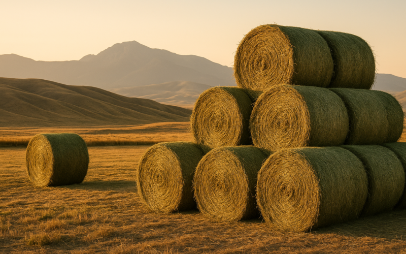 Round bales of first-cutting hay stacked in an open Montana stackyard with foothills behind them in late afternoon light