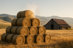 Round hay bales stacked in a Montana ranch yard with faint steam rising off the top on a summer morning