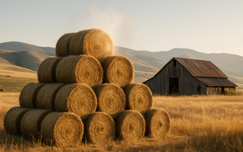 Round hay bales stacked in a Montana ranch yard with faint steam rising off the top on a summer morning