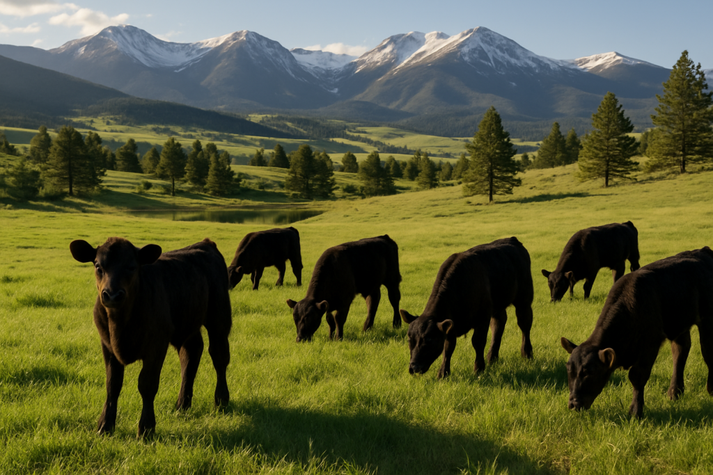 Black Angus calves grazing green summer grass in the Montana foothills with mountains in the distance