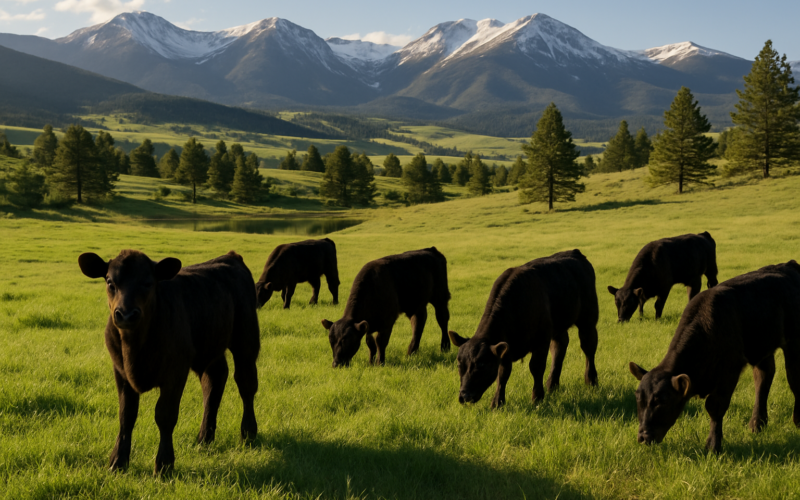 Black Angus calves grazing green summer grass in the Montana foothills with mountains in the distance
