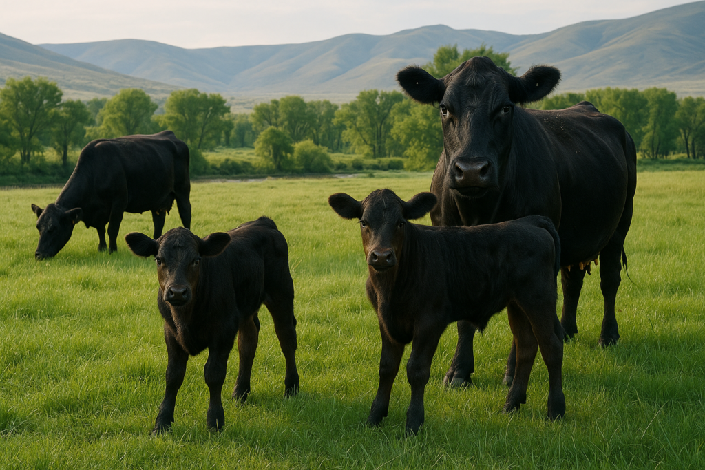 Black cow-calf pairs grazing lush green early-summer pasture in a Montana creek bottom with foothills behind