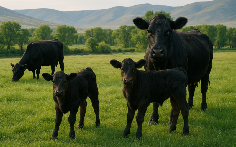 Black cow-calf pairs grazing lush green early-summer pasture in a Montana creek bottom with foothills behind