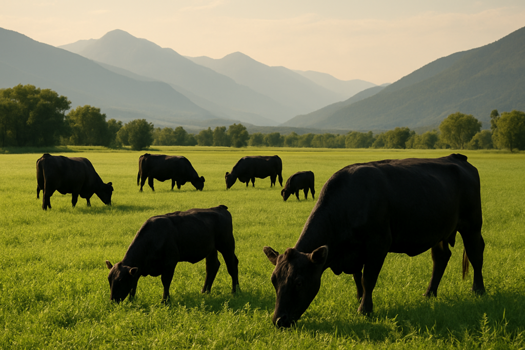 Black cattle grazing a lush green alfalfa and grass meadow in a Montana valley in early summer
