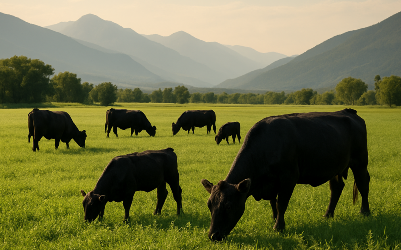 Black cattle grazing a lush green alfalfa and grass meadow in a Montana valley in early summer