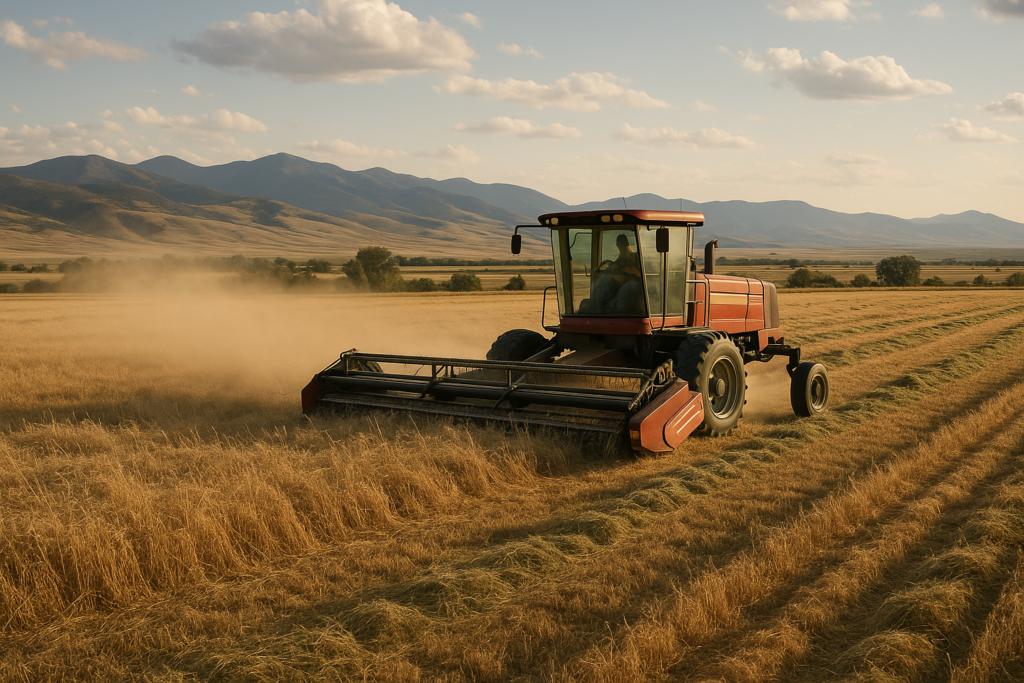 A windrower laying down first-cutting hay in a dry Montana field with foothills in the background under afternoon light