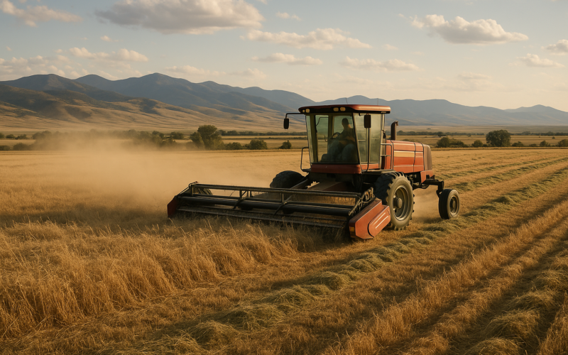 A windrower laying down first-cutting hay in a dry Montana field with foothills in the background under afternoon light