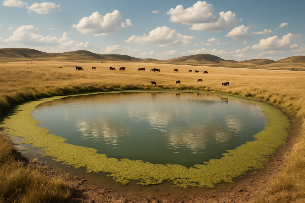 A Montana stock pond with green algae scum along one bank, cattle grazing nearby under a summer sky