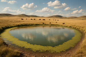 A Montana stock pond with green algae scum along one bank, cattle grazing nearby under a summer sky
