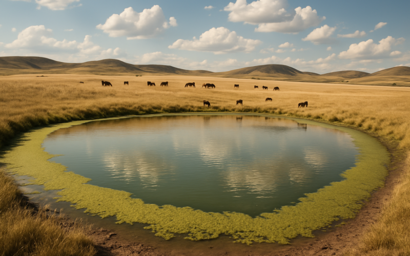 A Montana stock pond with green algae scum along one bank, cattle grazing nearby under a summer sky