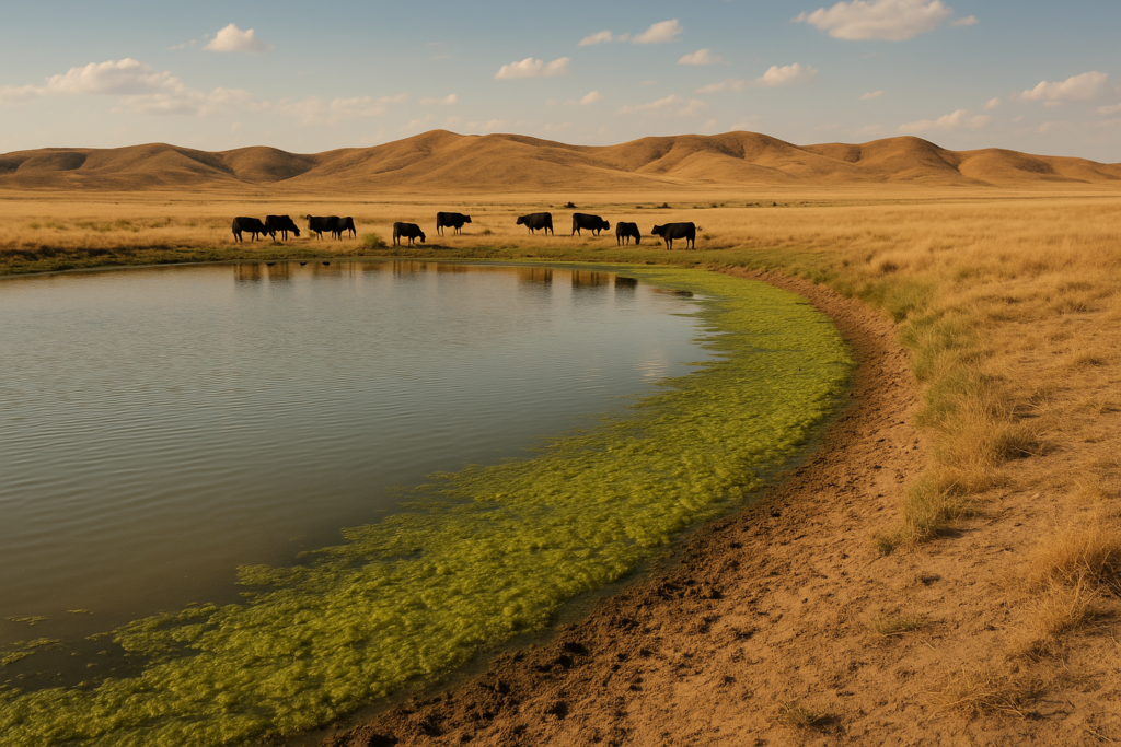 A low Montana stock pond with green algae scum along the downwind bank and cattle grazing nearby under a hot summer sky