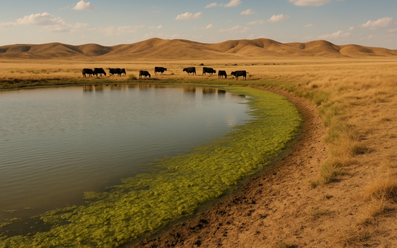 A low Montana stock pond with green algae scum along the downwind bank and cattle grazing nearby under a hot summer sky