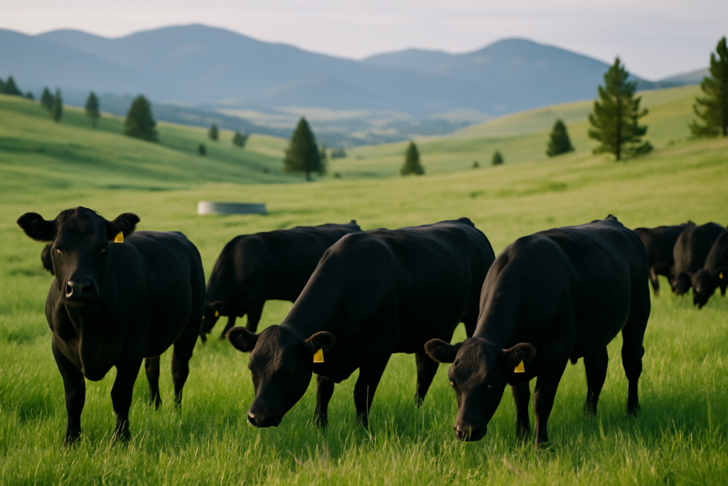 Yearling replacement heifers grazing green June pasture in the Montana foothills with mountains in the background