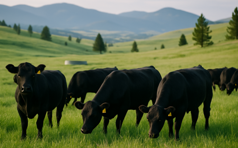 Yearling replacement heifers grazing green June pasture in the Montana foothills with mountains in the background