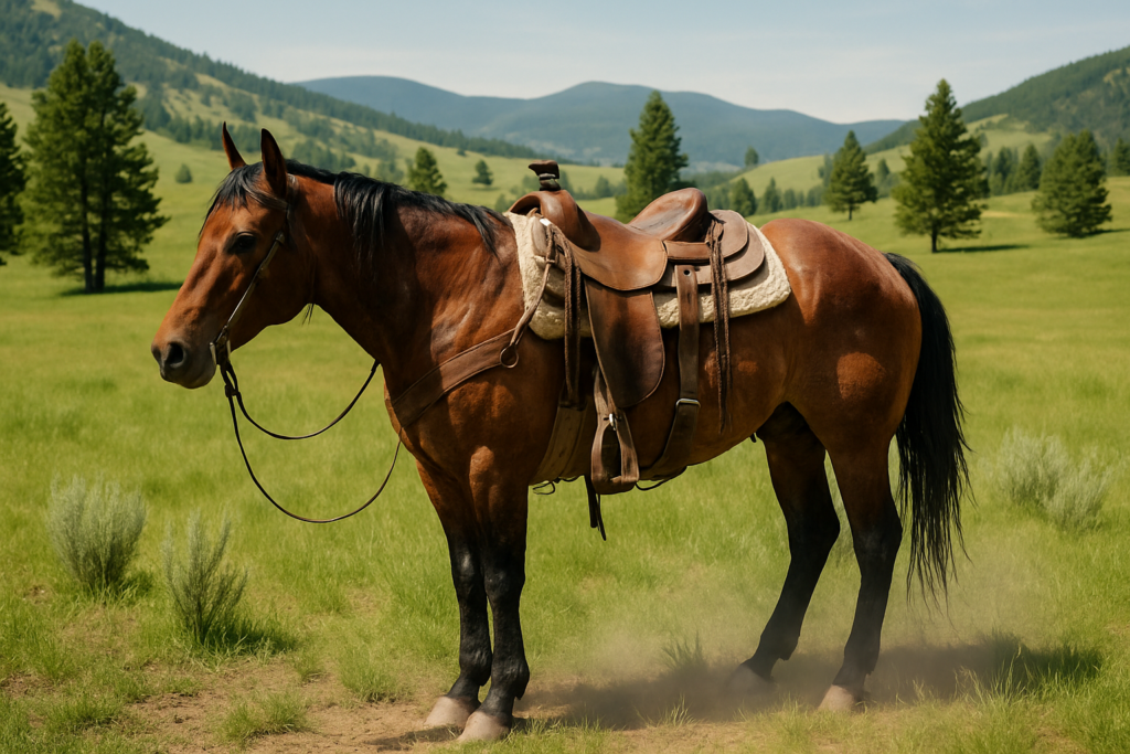 A saddled ranch horse standing in a green Montana foothill pasture on a summer day