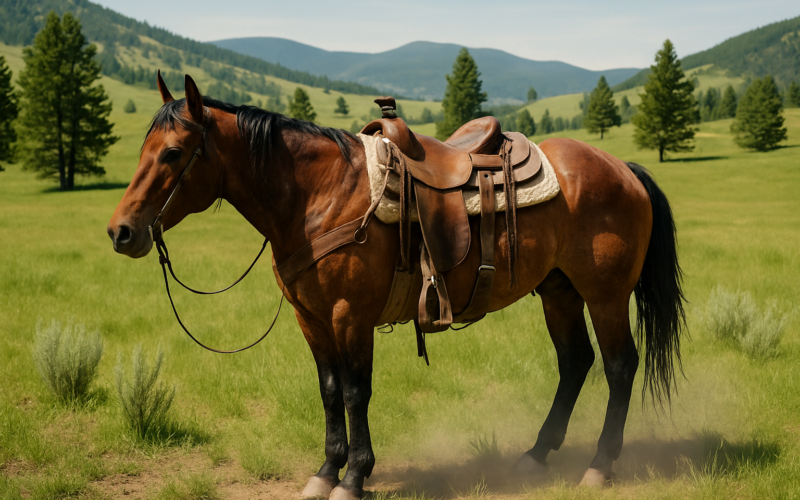 A saddled ranch horse standing in a green Montana foothill pasture on a summer day