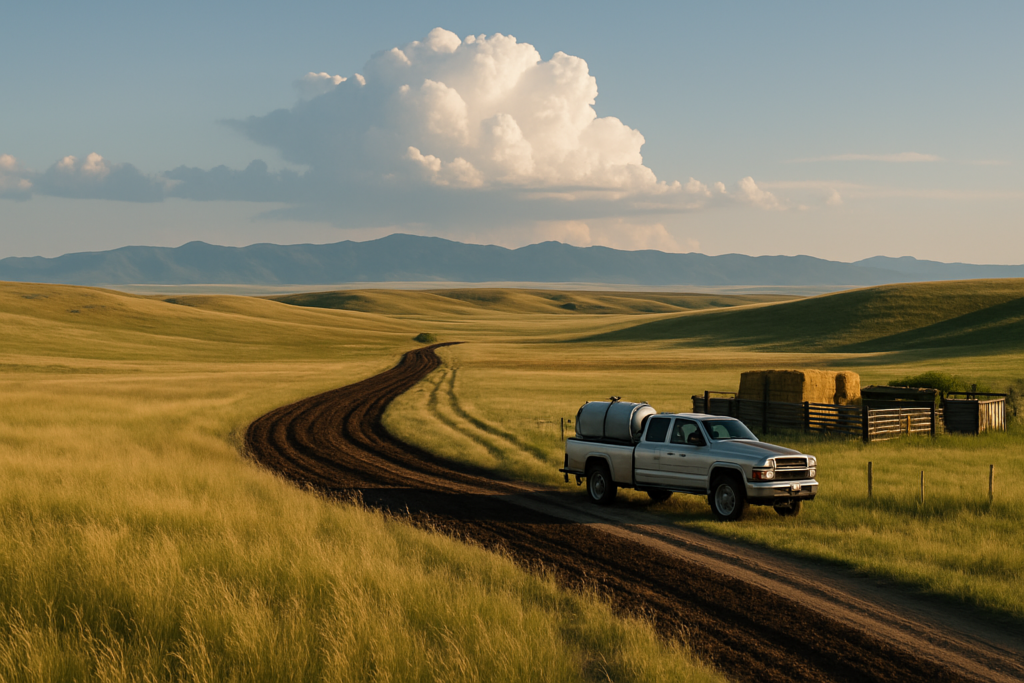 A disked firebreak along a ranch road through Montana summer rangeland with a pickup and water tank near hay stacks under a building thunderhead