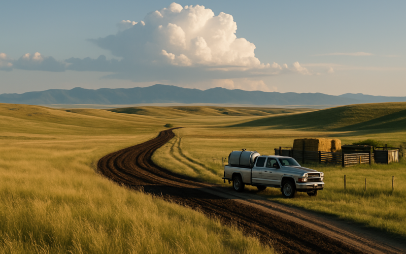 A disked firebreak along a ranch road through Montana summer rangeland with a pickup and water tank near hay stacks under a building thunderhead