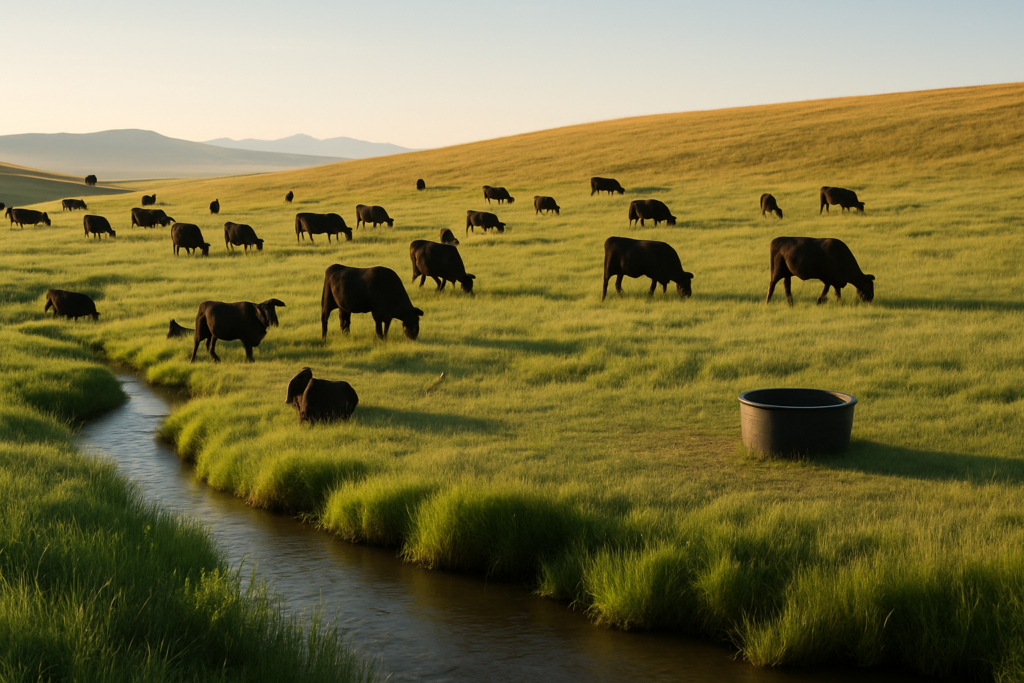 Black cattle grazing across a Montana foothill pasture with a green creek bottom below and grassy ridges above in early summer light