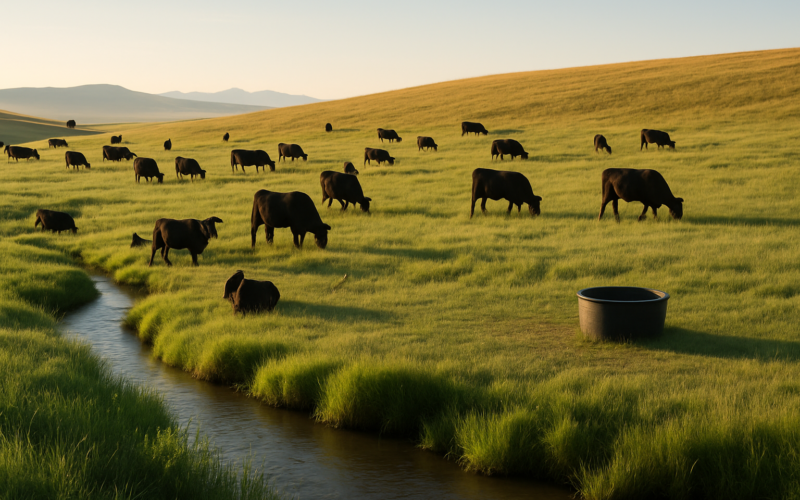 Black cattle grazing across a Montana foothill pasture with a green creek bottom below and grassy ridges above in early summer light
