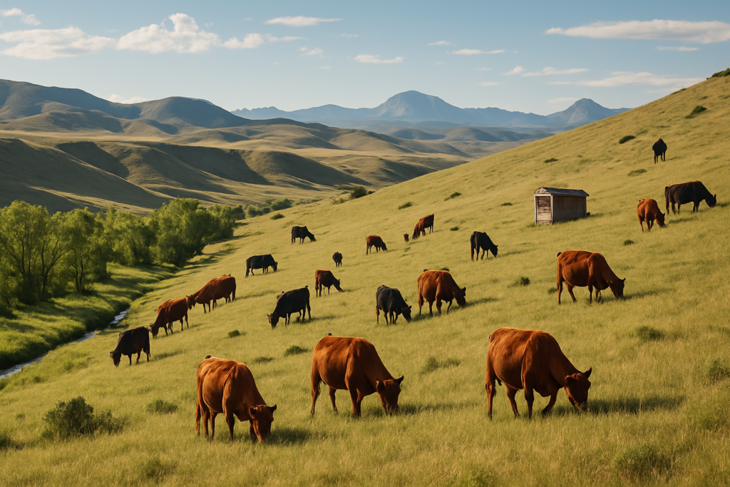 Cattle grazing scattered up a grassy Montana foothill above a green creek bottom, with a mineral feeder on a bench in the distance