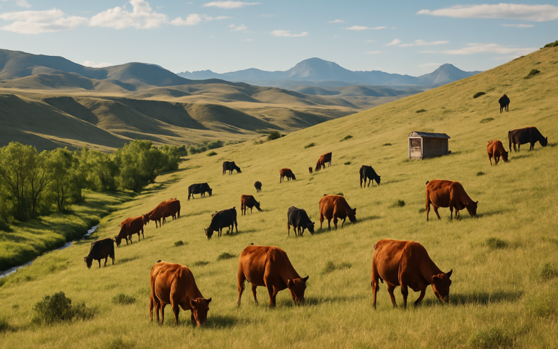 Cattle grazing scattered up a grassy Montana foothill above a green creek bottom, with a mineral feeder on a bench in the distance