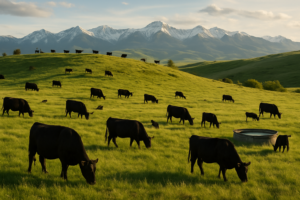 Cattle spread across a green Montana foothill pasture in June with a stock tank on a bench and mountains behind