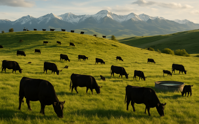Cattle spread across a green Montana foothill pasture in June with a stock tank on a bench and mountains behind