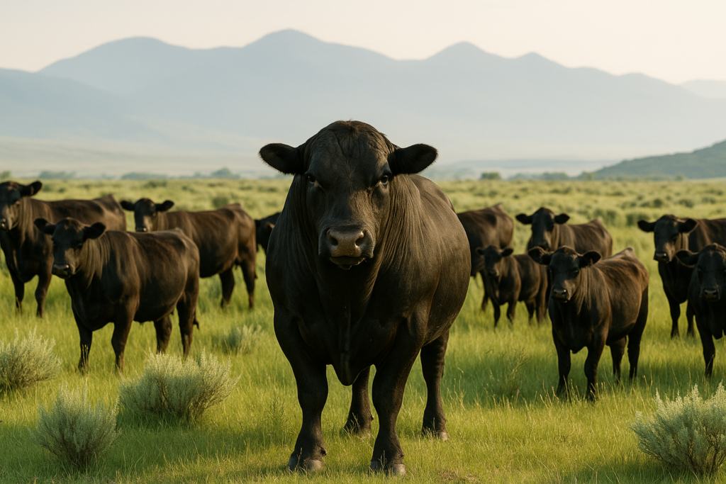 An Angus bull standing with cows on green Montana foothill pasture in early summer with mountains in the background