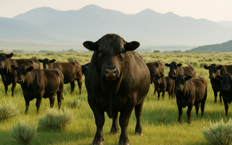 An Angus bull standing with cows on green Montana foothill pasture in early summer with mountains in the background