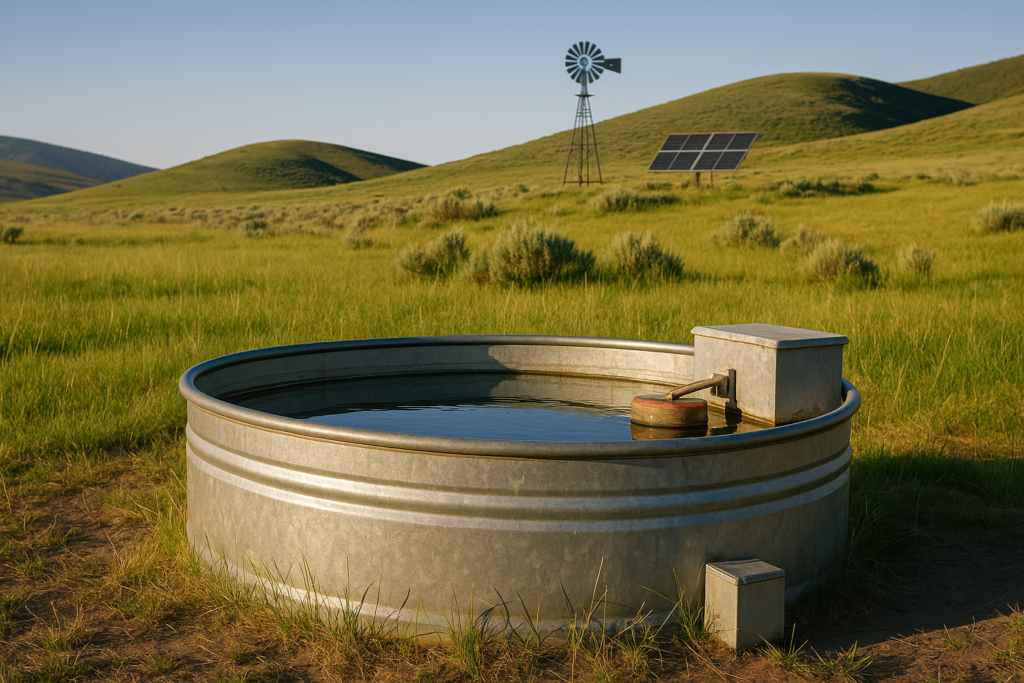 A stock tank with a float valve on Montana summer range, with a solar panel and windmill supplying water in the background under a clear sky