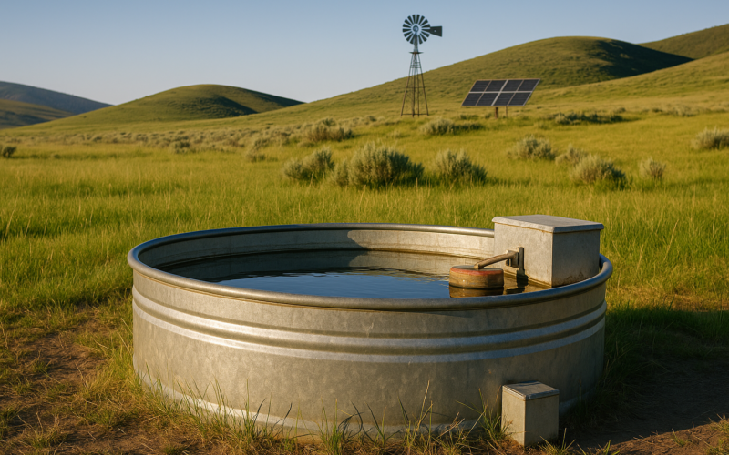 A stock tank with a float valve on Montana summer range, with a solar panel and windmill supplying water in the background under a clear sky