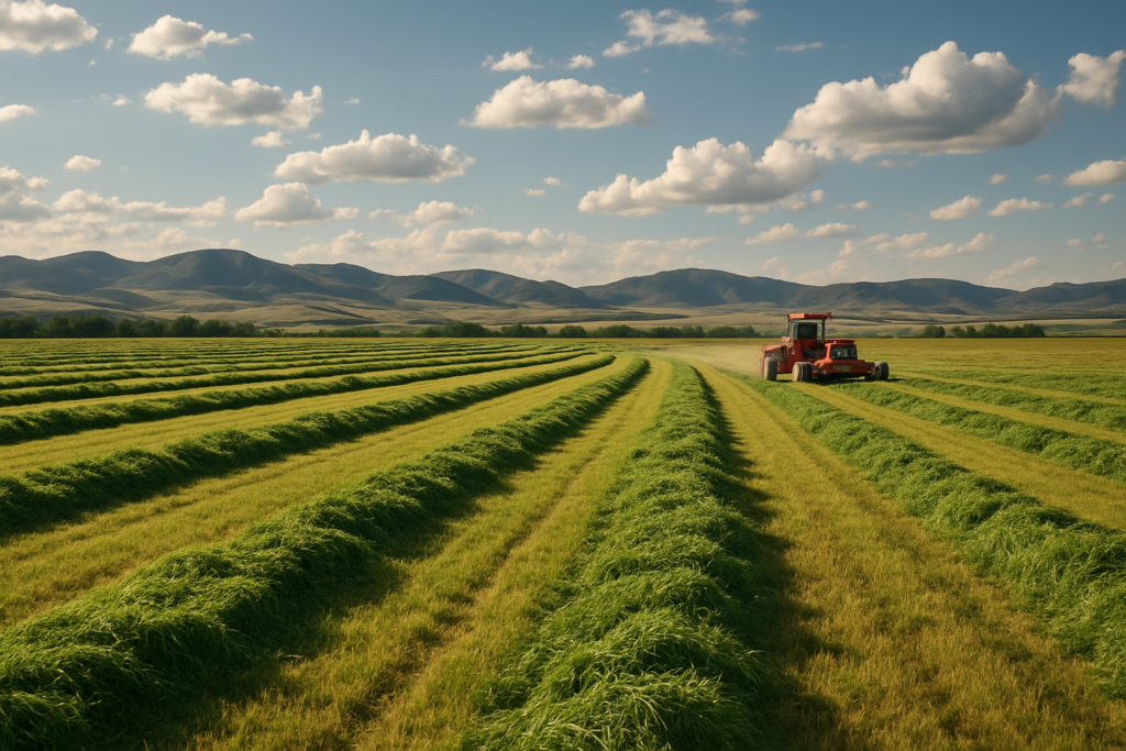 Fresh green windrows of first-cutting hay curing in a Montana field with foothills in the distance