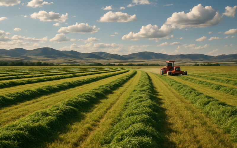 Fresh green windrows of first-cutting hay curing in a Montana field with foothills in the distance