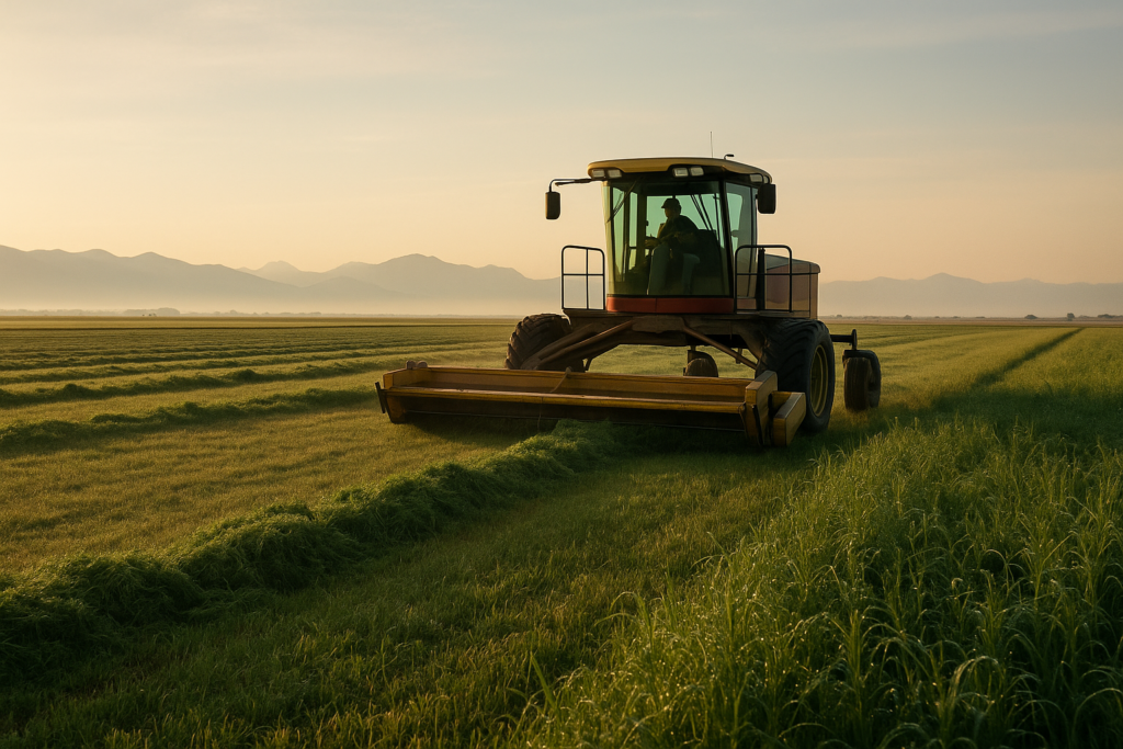 A swather cutting green alfalfa into windrows in a Montana hay meadow with mountains in the distance under early morning light