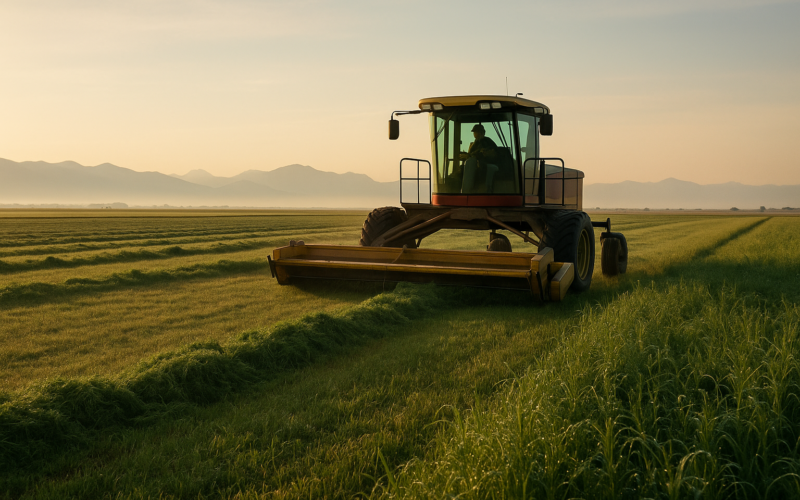 A swather cutting green alfalfa into windrows in a Montana hay meadow with mountains in the distance under early morning light